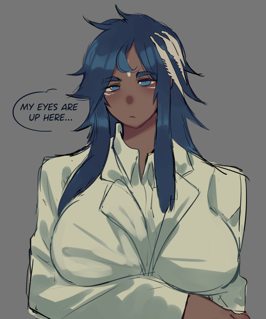 1girl, 2ockyourdoors, absurdres, arm_under_breasts, blue_eyes, blue_hair, breasts, collared_shirt