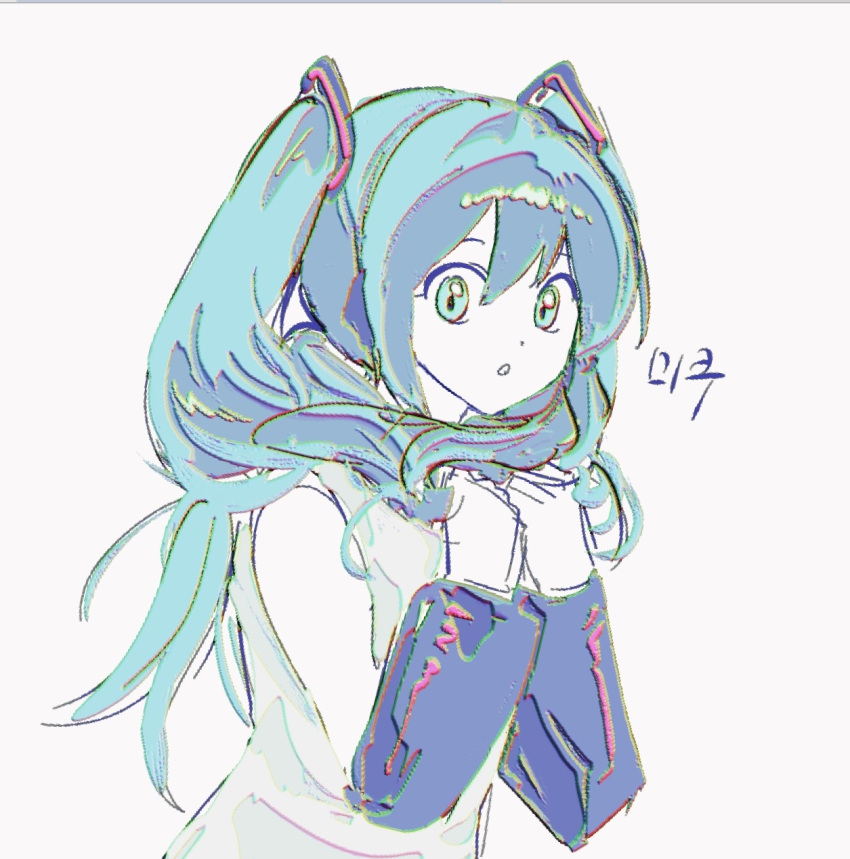 1girl, 88_77k, :o, aqua_eyes, aqua_hair, black_sleeves, detached_sleeves, dress