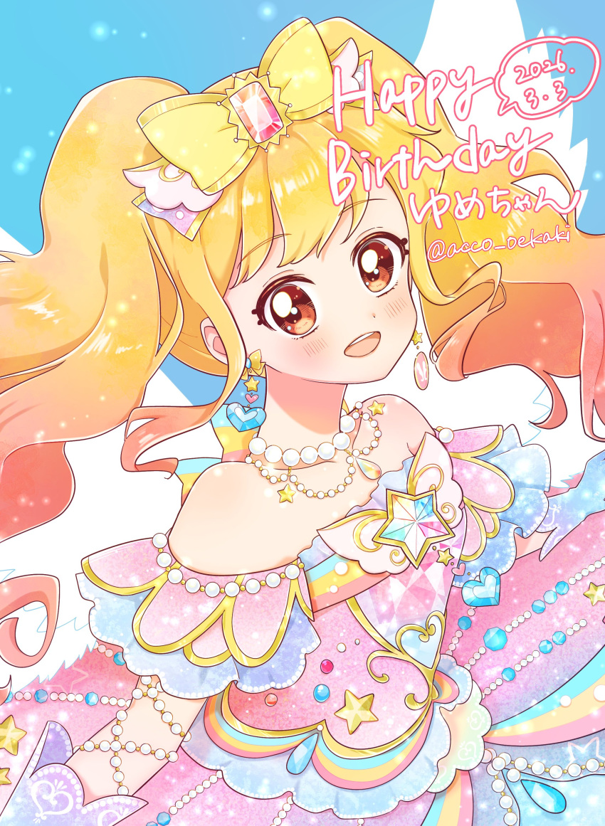 1girl, :d, absurdres, acco_oekaki, aikatsu!_(series), aikatsu_stars!, blonde_hair, blue_background