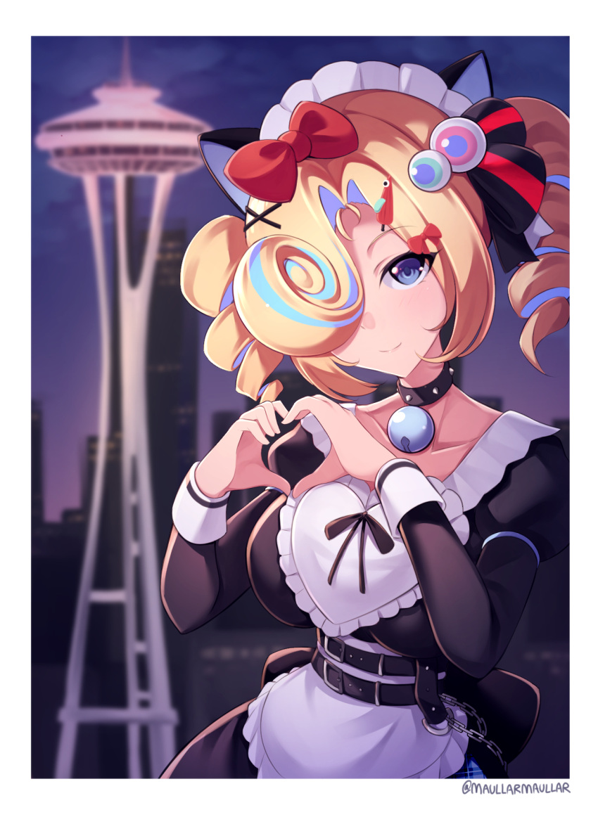 1girl, animal_ears, bell, belt, black_dress, blonde_hair, blue_eyes, blue_hair