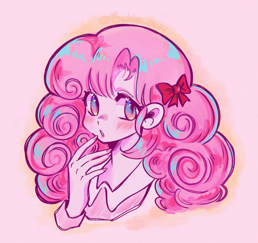 1girl, :o, absurdres, bow, bubba_nuki, commentary_request, curly_hair, hair_bow