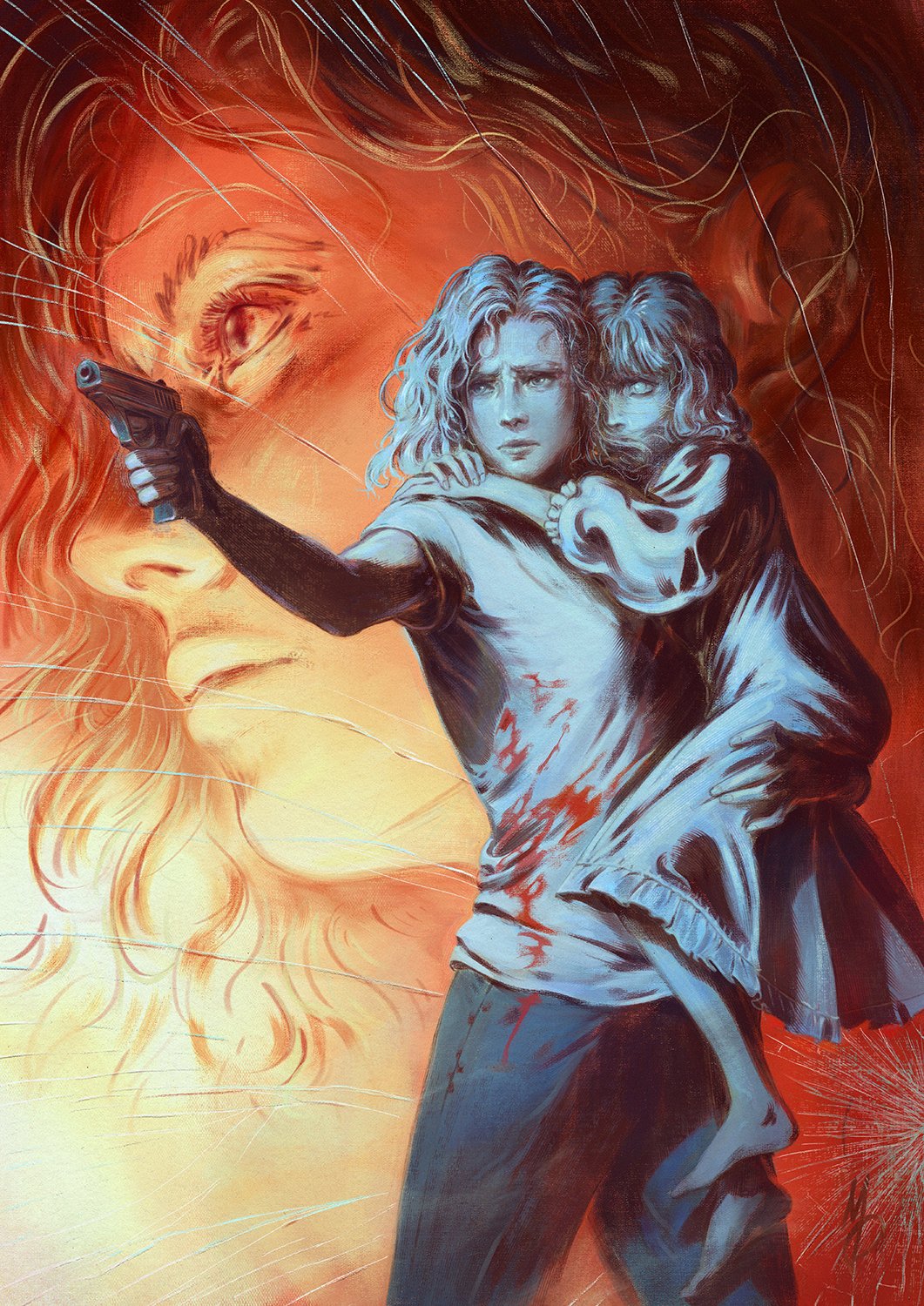 2girls, arm_around_neck, blind, blood, blood_on_clothes, carrying, carrying_person, cataracts