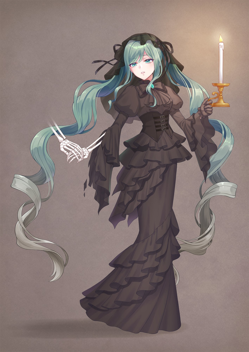 1girl, aqua_eyes, aqua_hair, azaka_(pipponao), bell_sleeves, black_dress, black_gloves, black_veil