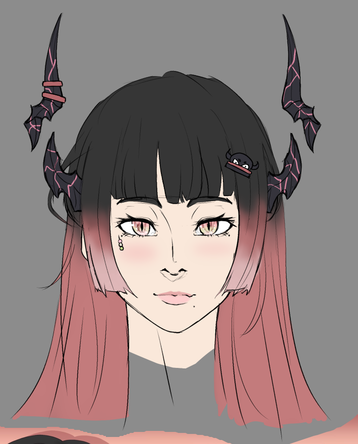 1girl, black_hair, blush, closed_mouth, detached_horns, facial_mark, fraiki_(vtuber), gradient_hair