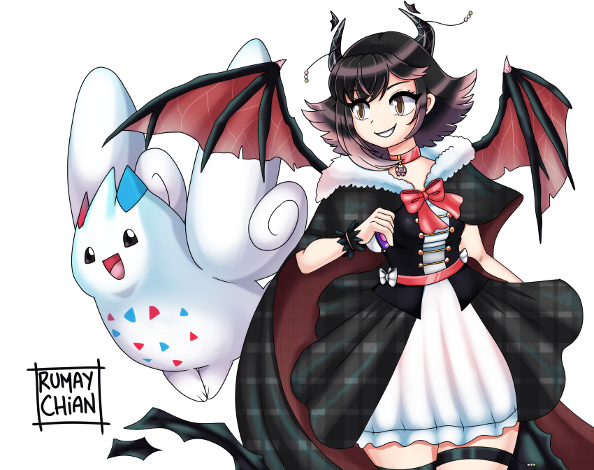 1girl, absurdres, black_capelet, black_hair, black_horns, black_skirt, bow, capelet