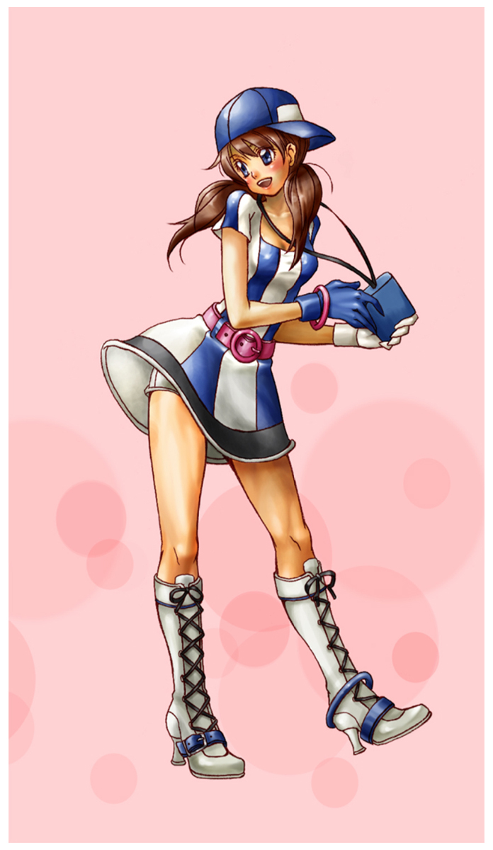 ai_(snk), bangle, baseball_cap, baseball_uniform, blue_eyes, boots, brown_hair, cross-laced_footwear, dress, gloves, hat, high_heels, highres, knee_boots, lace-up_boots, neo_geo_battle_coliseum, neo_geo_pocket_color, shoes, short_shorts, short_twintails, shorts, snk, solo, twintails