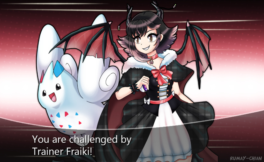 1girl, artist_name, black_capelet, black_hair, black_horns, black_skirt, capelet, character_name