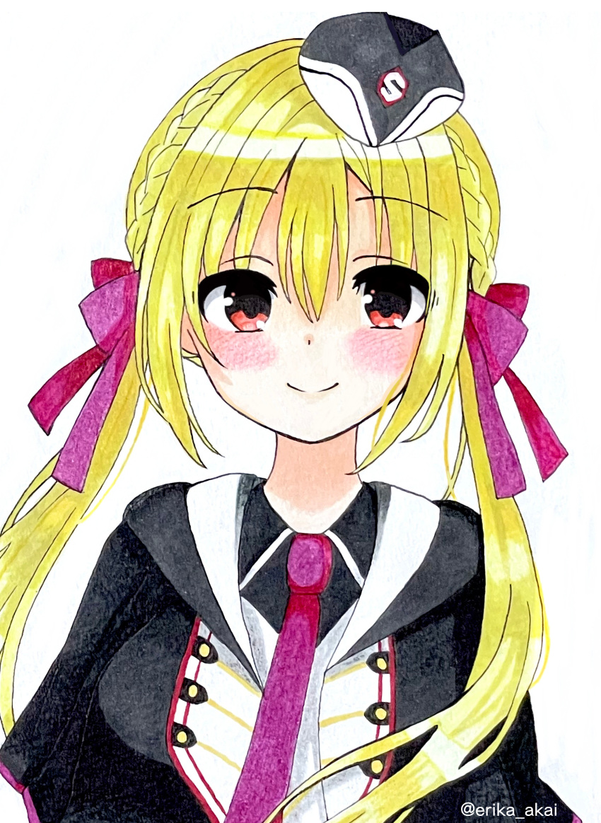 1girl, absurdres, arihara_nanami, black_dress, black_hat, blonde_hair, blush, bow