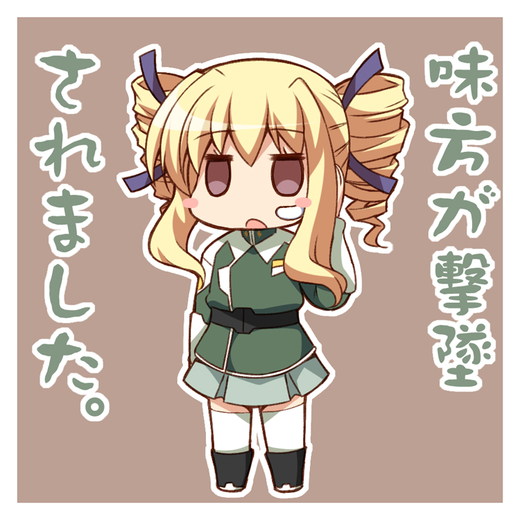 blonde_hair, blush_stickers, brown_eyes, chibi, drill_hair, gundam, hair_ribbon, hoppege