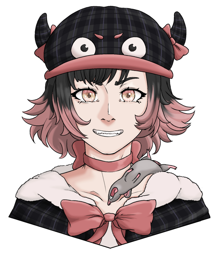 1girl, animal_on_shoulder, black_hair, black_hat, bow, choker, collarbone, cropped_shoulders