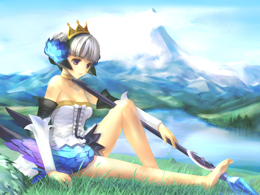 feet, gwendolyn, highres, nature, odin_sphere, odins_sphere, polearm, short_hair