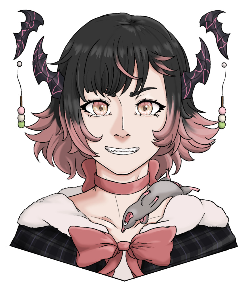1girl, animal_on_shoulder, black_hair, black_horns, bow, choker, collarbone, cropped_shoulders