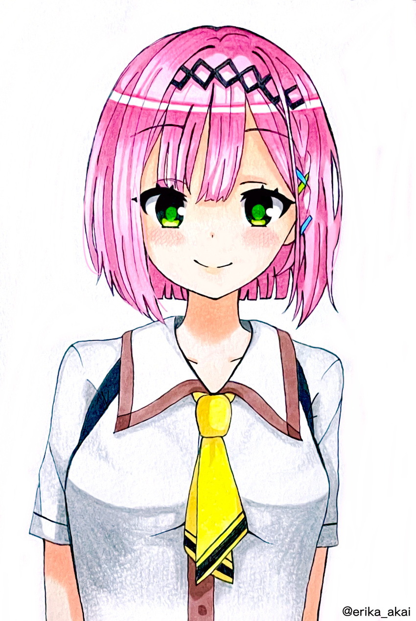 1girl, absurdres, arms_at_sides, black_hairband, blunt_bangs, blush, bob_cut, breasts
