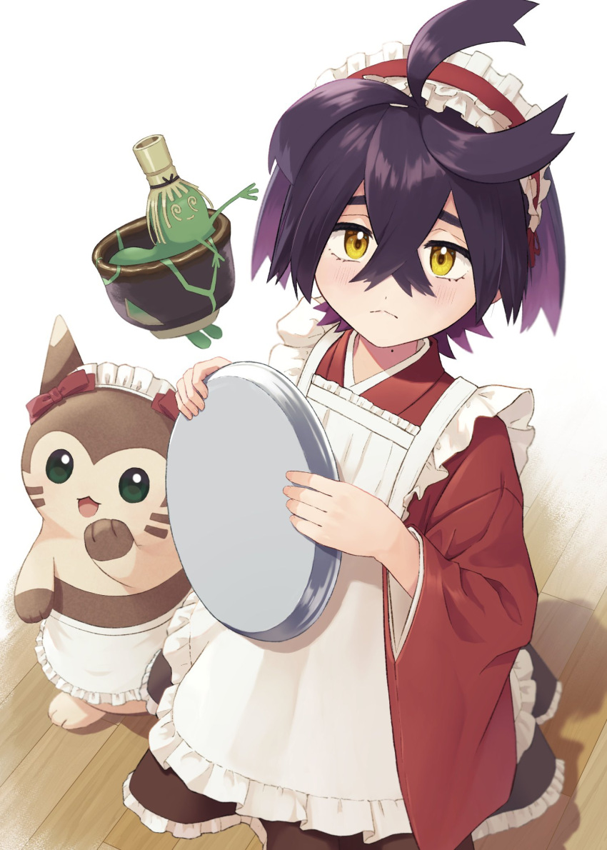 1boy, alternate_costume, apron, black_hair, blush, bow, closed_mouth, clothed_pokemon