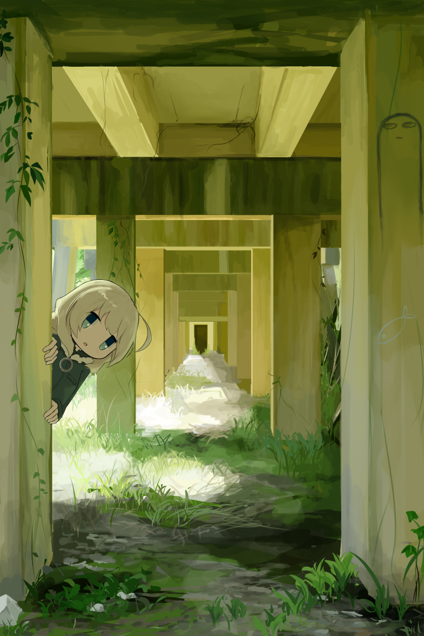 1girl, abandoned, absurdres, ahoge, blonde_hair, blue_eyes, commentary_request, grass