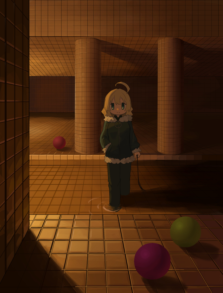 1girl, absurdres, ahoge, ball, blonde_hair, ceiling, closed_mouth, column, commentary_request, dream_pool, dreamcore, full_body, fur-trimmed_jacket, fur_trim, green_jacket, green_pants, hand_in_pocket, highres, indoors, jacket, karmanimaxwx, long_sleeves, looking_at_viewer, medium_hair, pants, pillar, pool, ripples, shoujo_shuumatsu_ryokou, solo, standing, tile_ceiling, tile_floor, tile_wall, tiles, wading, weirdcore, white_fur, yuuri_(shoujo_shuumatsu_ryokou)