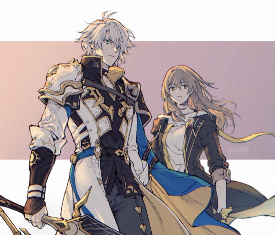1boy, 1girl, antenna_hair, aoi_(aoi306), armor, artist_name, black_choker, black_jacket