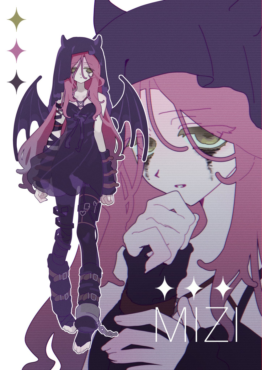 1girl, alien_stage, arm_warmers, bandaged_arm, bandages, black_arm_warmers, black_bandages, black_dress