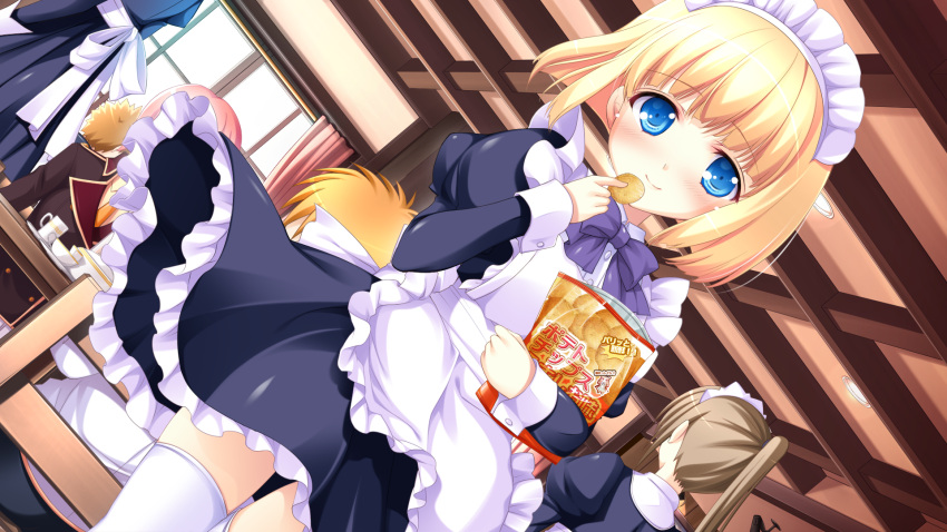 blonde_hair, blue_eyes, food, game_cg, hyper_highspeed_genius, iris_windsor, short_hair, thigh-highs