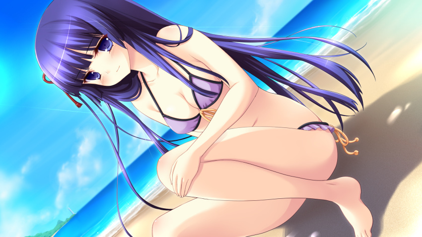 1girl, beach, bikini, game_cg, hyper_highspeed_genius, purple_hair, shiguresato_himeno, swimsuit