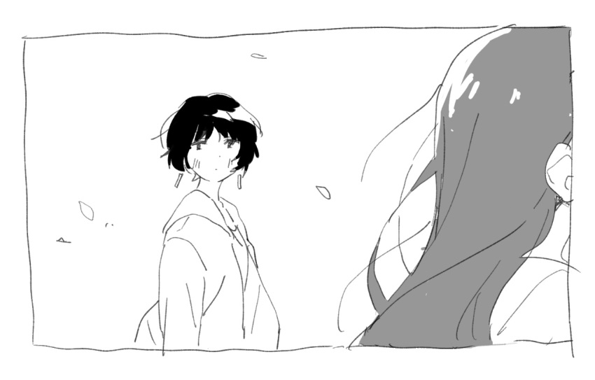 2girls, earrings, falling_petals, greyscale, gujou_kanade, hood, hoodie, jewelry