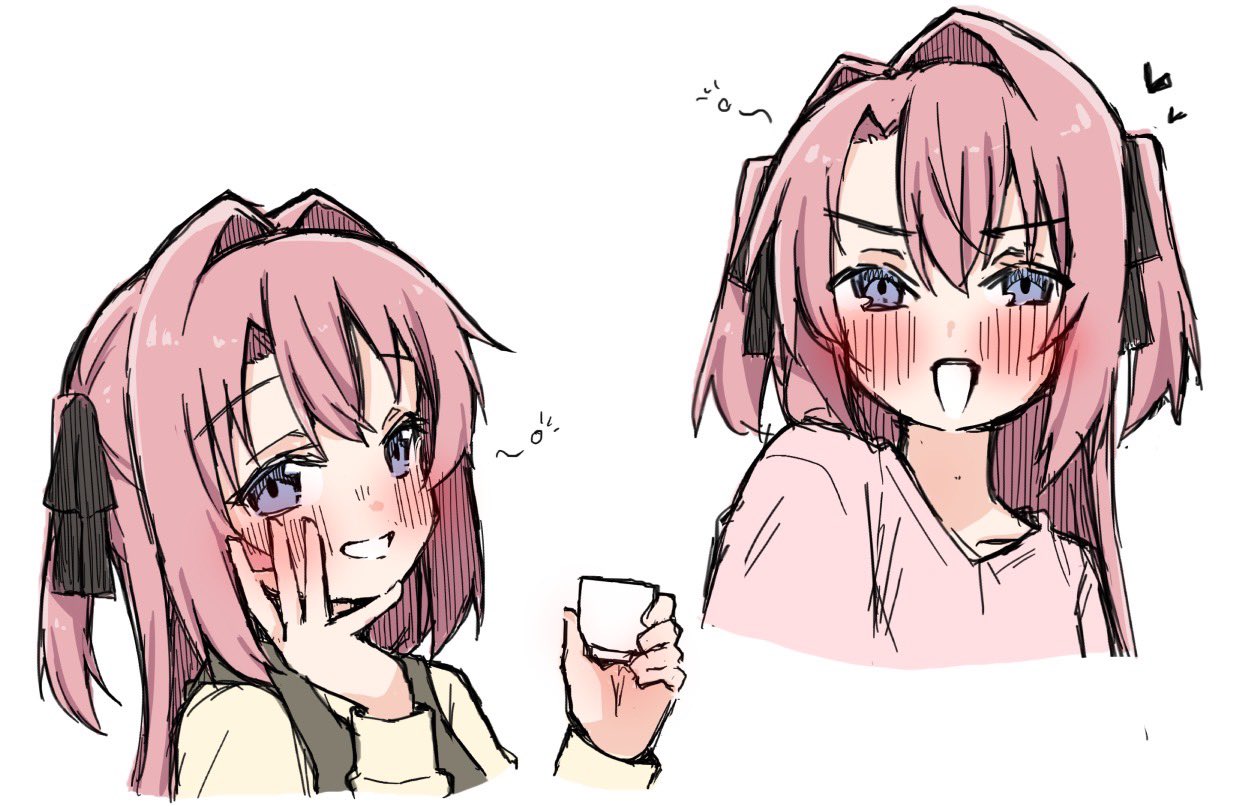 1girl, black_ribbon, blue_eyes, blush, choko_(cup), commentary_request, cup, drunk