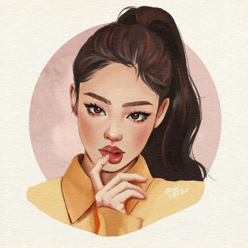 1girl, anniversse, blackpink, blush, brown_eyes, brown_hair, circle, collared_shirt, commentary, eyeshadow, highres, jennie_(blackpink), looking_ahead, makeup, mascara, ponytail, real_life, red_lips, shirt, signature, solo, yellow_shirt
