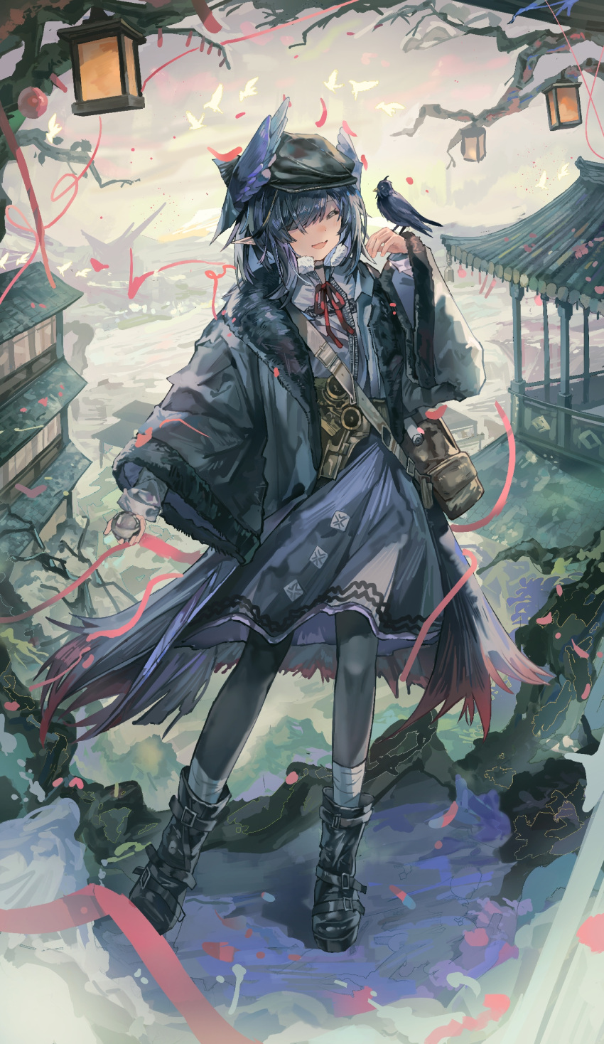 1girl, absurdres, architecture, arknights, bag, bandaged_ankle, belt, beret