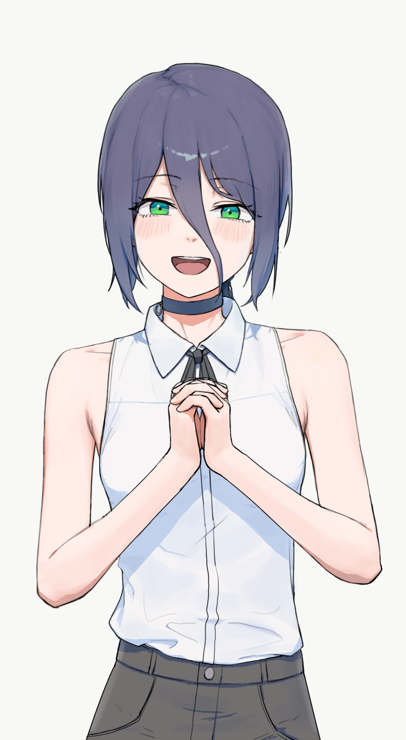 1girl, :d, black_ribbon, blue_choker, breasts, chainsaw_man, choker, collared_shirt