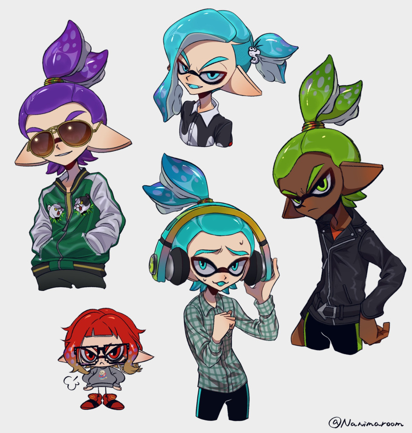 anemoneno1_(splatoon), aviator_sunglasses, aviators-kun_(splatoon), bike_shorts, blue_eyes, blue_hair, chibi, commentary_request