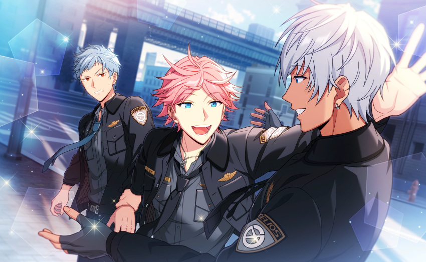 3boys, asch_albright, belt, black_necktie, blue_eyes, blue_necktie, breast_pocket, collared_shirt