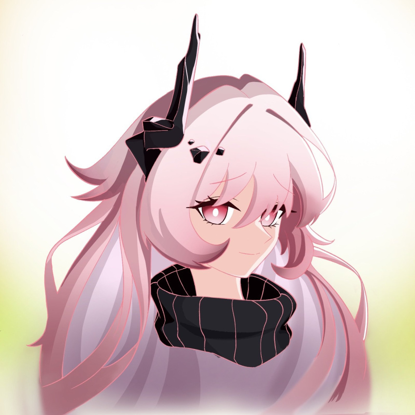 1girl, arknights, black_horns, commentary, demon_horns, gradient_background, highres, horns, long_hair, material_growth, oripathy_lesion_(arknights), pink_eyes, pink_hair, qazz_art, simple_background, theresa_(arknights), translation_request, turtleneck