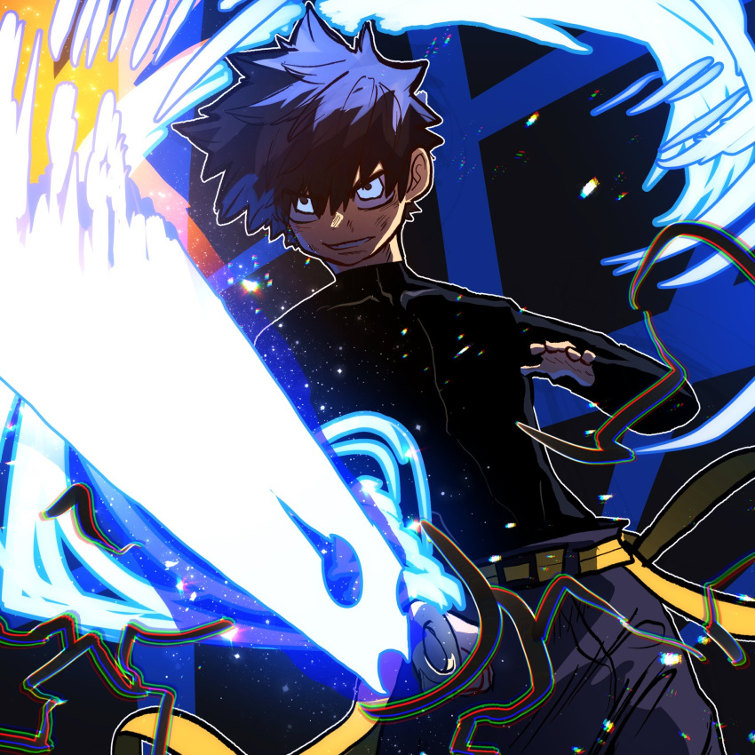 1boy, baggy_pants, belt, blue_eyes, blue_hair, commentary, english_commentary, excalibur_(player)