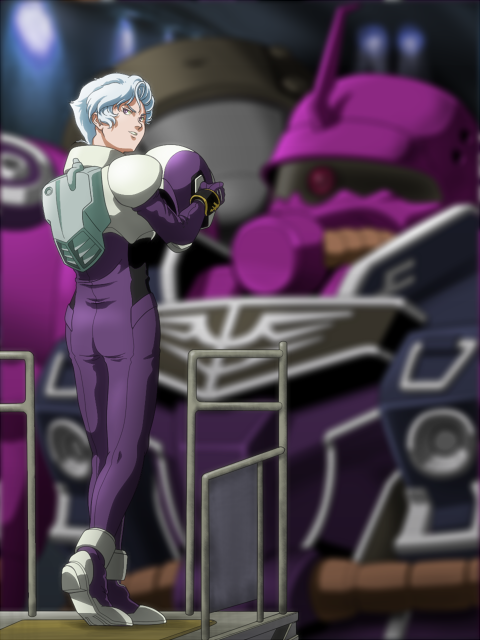 angelo_sauper, blurry, boxy, depth_of_field, field_of_view, geara_zulu, gundam, gundam_unicorn, headwear_removed, helmet, helmet_off, helmet_removed, male, mecha, pilot_suit, purple_eyes, rozen_zulu, short_hair, silver_hair, solo, violet_eyes