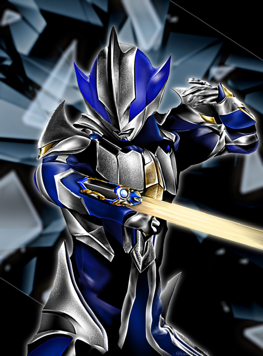 1boy, alien, arm_guards, armor, black_background, blue_skin, blurry, blurry_background