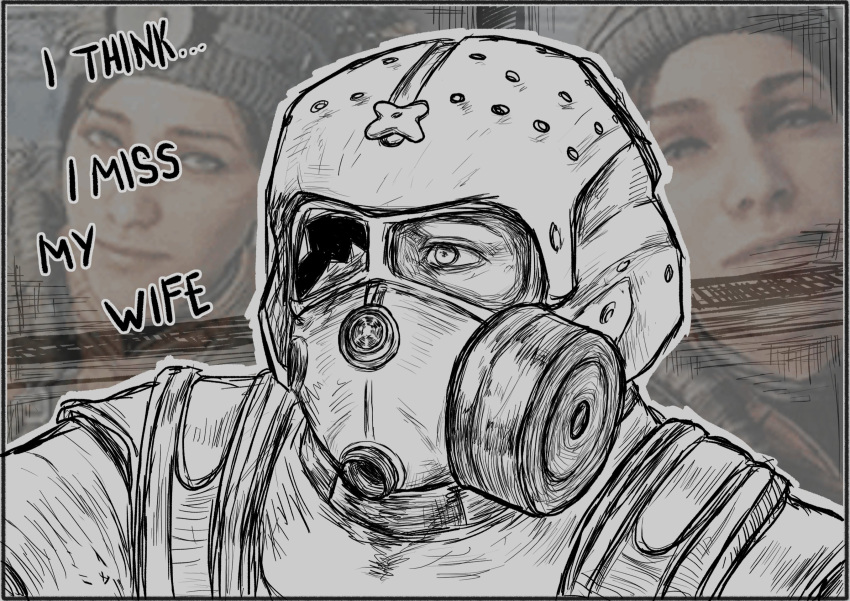 1boy, 1girl, artyom_(metro), beanie, broken_eyewear, english_text, game_screenshot_inset, gas_mask