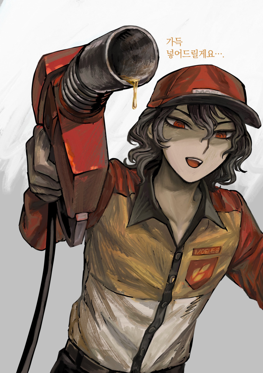 1girl, absurdres, employee_uniform, gas_pump, gas_pump_nozzle, gasoline, grey_background, grey_hair