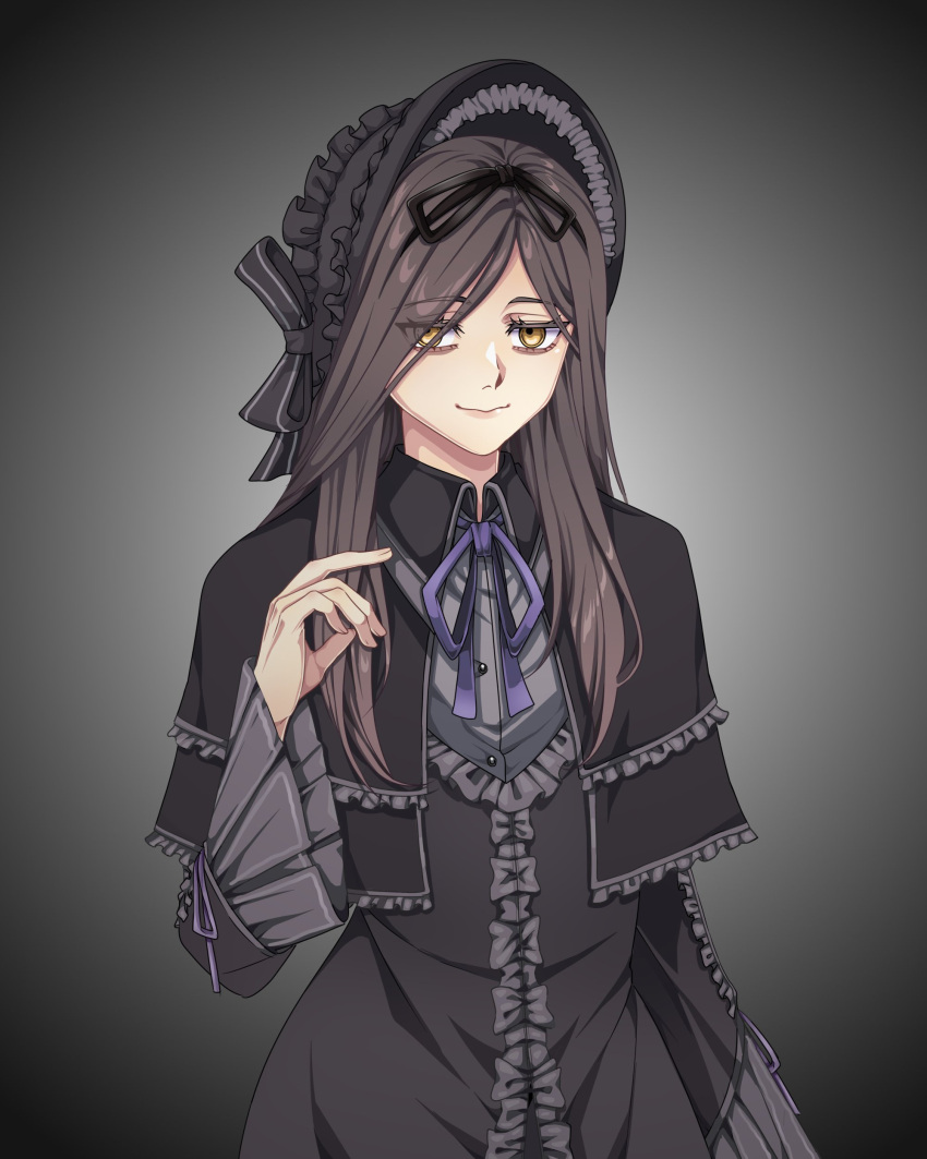 1girl, absurdres, artist_name, beryl_(eiyuu_densetsu), black_background, black_dress, black_headdress, black_shawl, bow, bowtie, closed_mouth, commentary, dress, eiyuu_densetsu, frilled_sleeves, frills, gradient_background, hair_between_eyes, hair_over_one_eye, headdress, highres, long_sidelocks, long_sleeves, looking_at_viewer, neck_ribbon, parted_bangs, purple_ribbon, ribbon, sen_no_kiseki_(series), sen_no_kiseki_iii, shawl, sidelocks, simple_background, sitting, smile, solo, suitcase, umbrella, untranslatable_commentary, upper_body, wide_sleeves, yellow_eyes, yuzukiyo