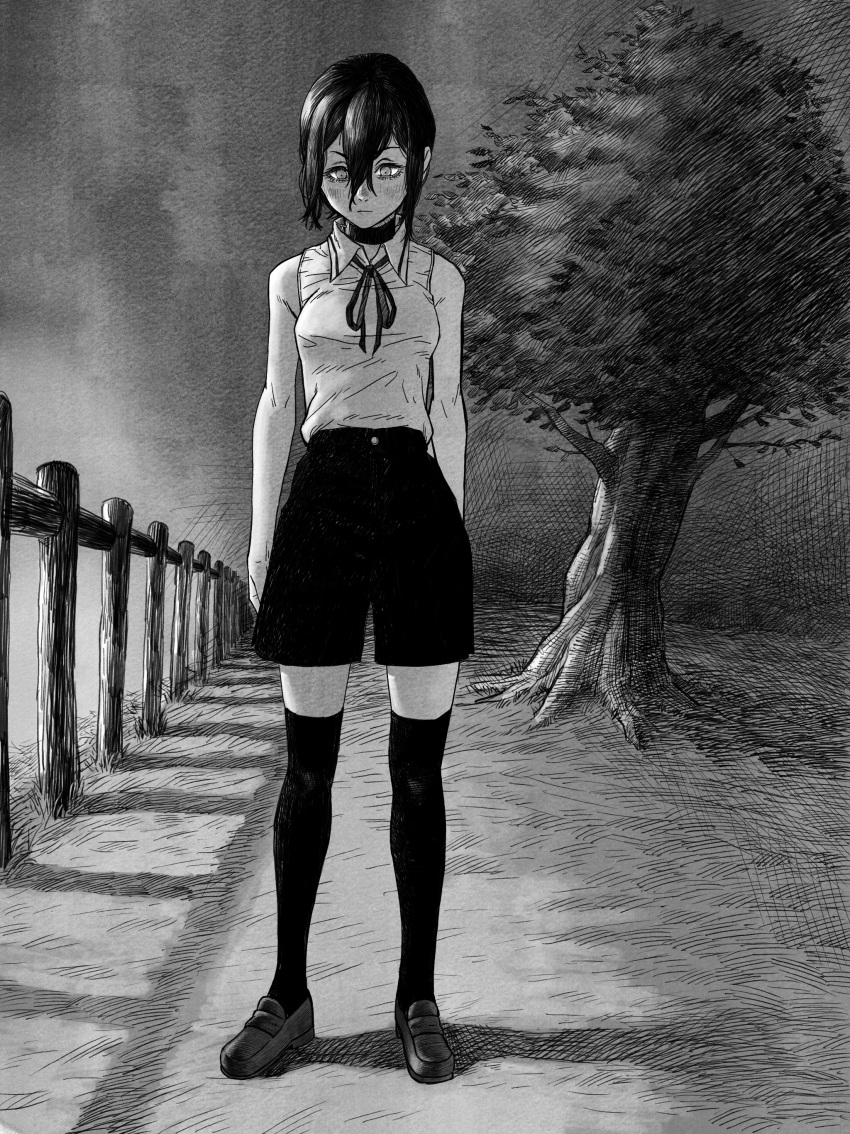 1girl, absurdres, breasts, chainsaw_man, choker, collared_shirt, fence, full_body