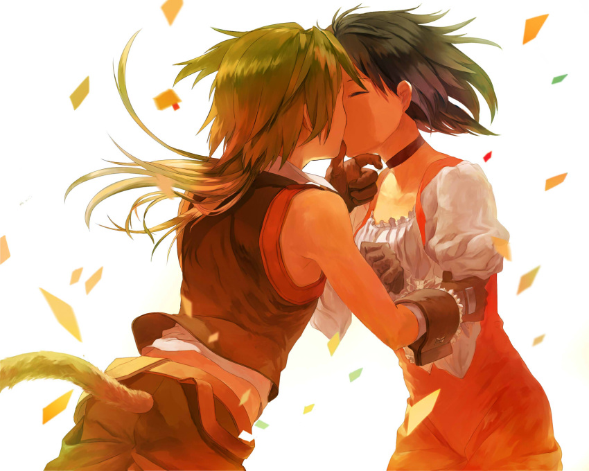 1girl, black_hair, blonde_hair, chin_grab, choker, closed_eyes, cogiku, couple, eyes_closed, final_fantasy, final_fantasy_ix, garnet_til_alexandros_xvii, gloves, highres, kiss, short_hair, tail, zidane_tribal