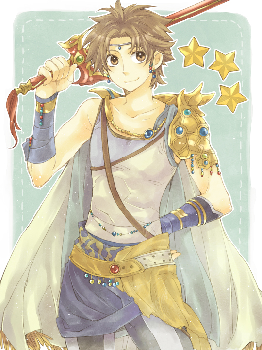 brown_eyes, brown_hair, butz_klauser, cape, dissidia_final_fantasy, earrings, final_fantasy, final_fantasy_v