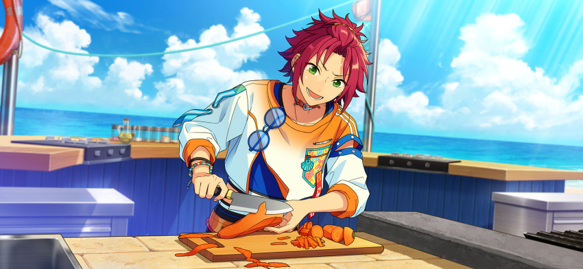 1boy, bangs_pinned_back, bracelet, carrot, choker, clouds, curtained_hair, cutting_board, ensemble_stars!, eyewear_hang, food, game_cg, get_island_(ensemble_stars!), green_eyes, happy_elements, holding, holding_food, holding_knife, isara_mao, jewelry, knife, lower_teeth_only, male_focus, multiple_bracelets, ocean, official_art, open_mouth, outdoors, peeling, red_hair, round_eyewear, seashell, shell, shell_print, short_hair, shy, solo, teeth, third-party_source, three-quarter_sleeves, unworn_eyewear, upper_body