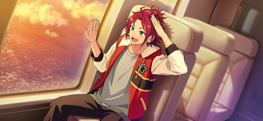 1boy, arm_up, bangs_pinned_back, black_pants, chair, crew_neck, curtained_hair, drawstring, ensemble_stars!, fingernails, game_cg, get_island_(ensemble_stars!), green_eyes, grey_shirt, hair_ornament, hairclip, hand_up, happy_elements, hood, hood_down, hooded_jacket, isara_mao, jacket, layered_clothes, male_focus, ocean, official_art, on_chair, open_clothes, open_hands, open_jacket, open_mouth, pants, red_hair, seatbelt, shirt, short_hair, sitting, smile, solo, star_(symbol), third-party_source, three-quarter_sleeves, window
