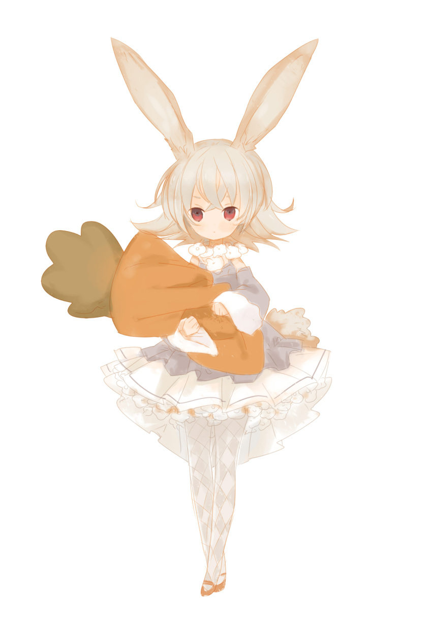 argyle, argyle_legwear, argyle_pantyhose, bear_(artist), bunny_ears, carrot, dress, highres, holding, mary_janes, original, pantyhose, pillow, red_eyes, shoes, short_hair, silver_hair, solo