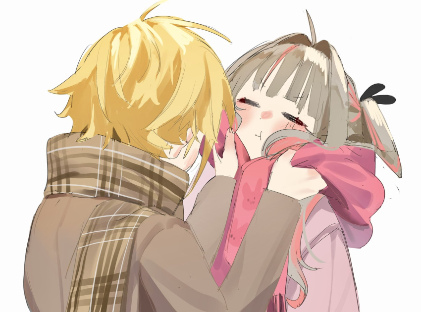 1boy, 1girl, ahoge, animal_print, blazer, blonde_hair, blush, closed_eyes