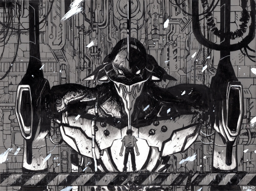 1boy, bridge, cable, commentary_request, commission, daniel_warren_johnson, eva_01, evangelion_(mecha)