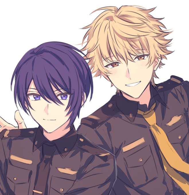 2boys, blonde_hair, breast_pocket, clenched_teeth, closed_mouth, collared_shirt, commentary_request, hair_between_eyes