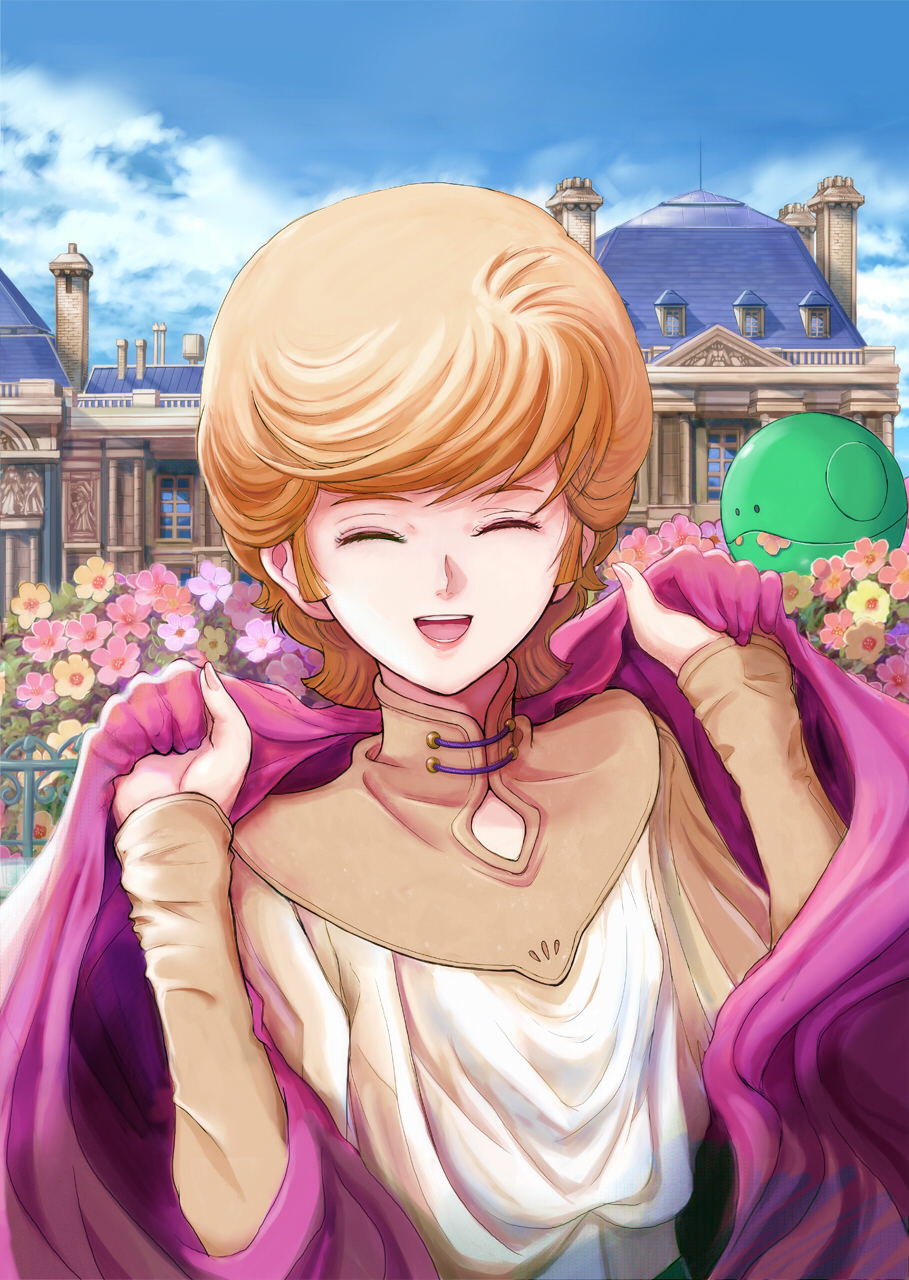 cape, cloak, closed_eyes, eating, eyes_closed, flower, gacha-m, gachamukku