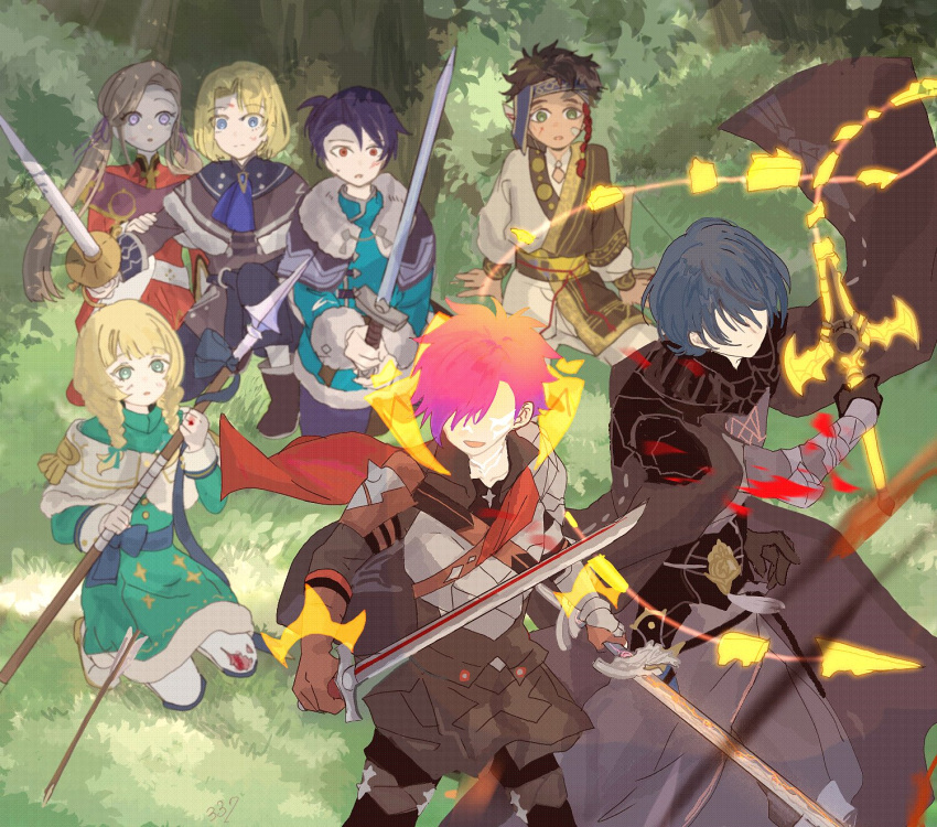 2girls, 5boys, aged_down, armor, black_armor, black_cape, black_hair, blonde_hair, blue_eyes, braid, brown_hair, bruise, bush, cape, capelet, child, claude_von_riegan, claude_von_riegan_(young), commentary_request, dark-skinned_male, dark_skin, dimitri_alexandre_blaiddyd, dimitri_alexandre_blaiddyd_(young), edelgard_von_hresvelg, edelgard_von_hresvelg_(young), faceless, faceless_male, felix_hugo_fraldarius, felix_hugo_fraldarius_(young), fire_emblem, fire_emblem:_three_houses, fire_emblem_heroes, fire_emblem_warriors:_three_hopes, fur_trim, grass, green_eyes, hair_ribbon, headband, highres, holding, holding_polearm, holding_sword, holding_weapon, ingrid_brandl_galatea, ingrid_brandl_galatea_(young), injury, long_hair, long_sleeves, male_byleth_(fire_emblem), male_shez_(awakened)_(fire_emblem), male_shez_(fire_emblem), multiple_boys, multiple_girls, official_alternate_costume, official_alternate_hairstyle, outdoors, pants, polearm, purple_hair, ribbon, sasaki_(dkenpisss), shirt, short_hair, standing, sword, time_paradox, tree, twin_braids, twintails, violet_eyes, weapon, white_capelet, white_pants, white_shirt