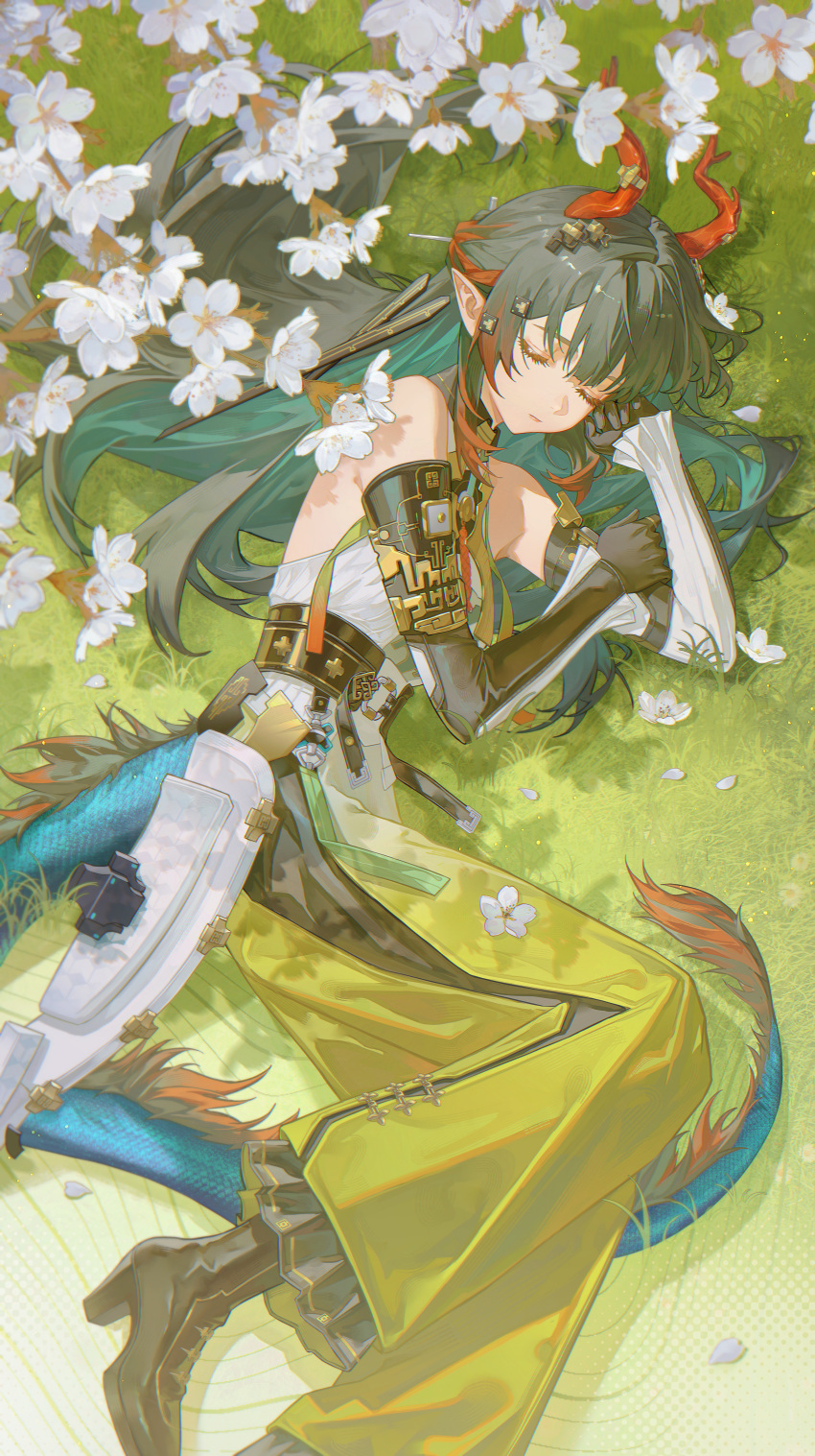 1girl, absurdres, arknights, arknights:_endfield, bare_shoulders, black_gloves, black_hair, chinese_commentary